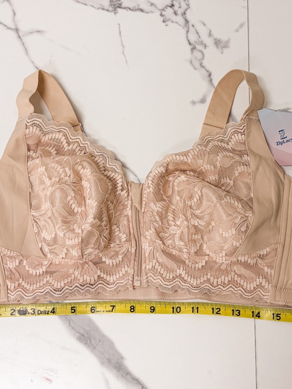 ZipLacy Women Front Zip Lace Bra Beige Floral Comfort Support 3XL WIRELESS New